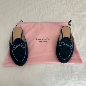 kate spade navy suede mules with light blue trim and bow